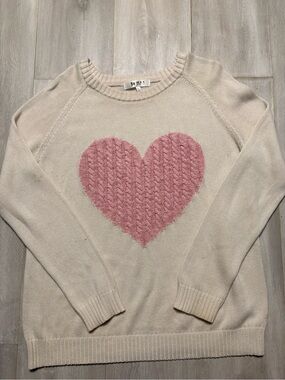Women’s Cream Sweater with Pink Heart - Cozy Knit Pullover